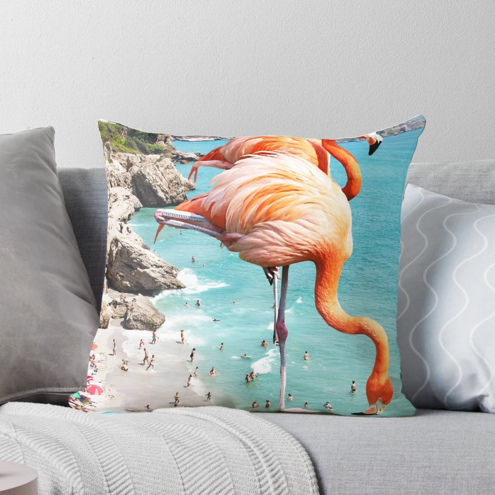 A vibrant, surreal photograph of a group of flamingos standing in the ocean on a tropical beach.