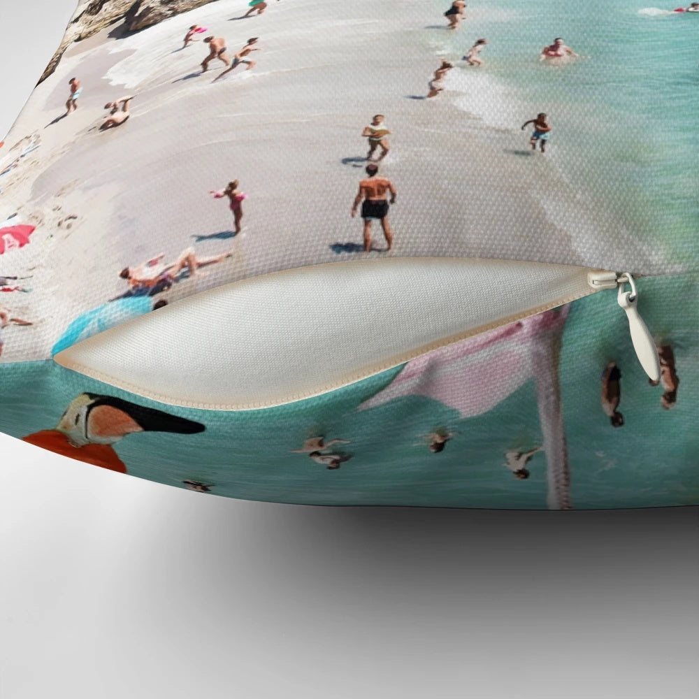 A vibrant, surreal photograph of a group of flamingos standing in the ocean on a tropical beach.
