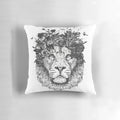 Throw pillow featuring a surreal illustration of a floral lion in black and white