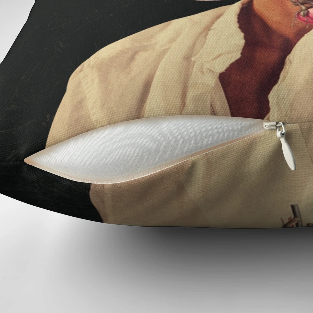 Surreal portrait pillow with man's face surrounded by blooming red roses in a vintage botanical collage style
