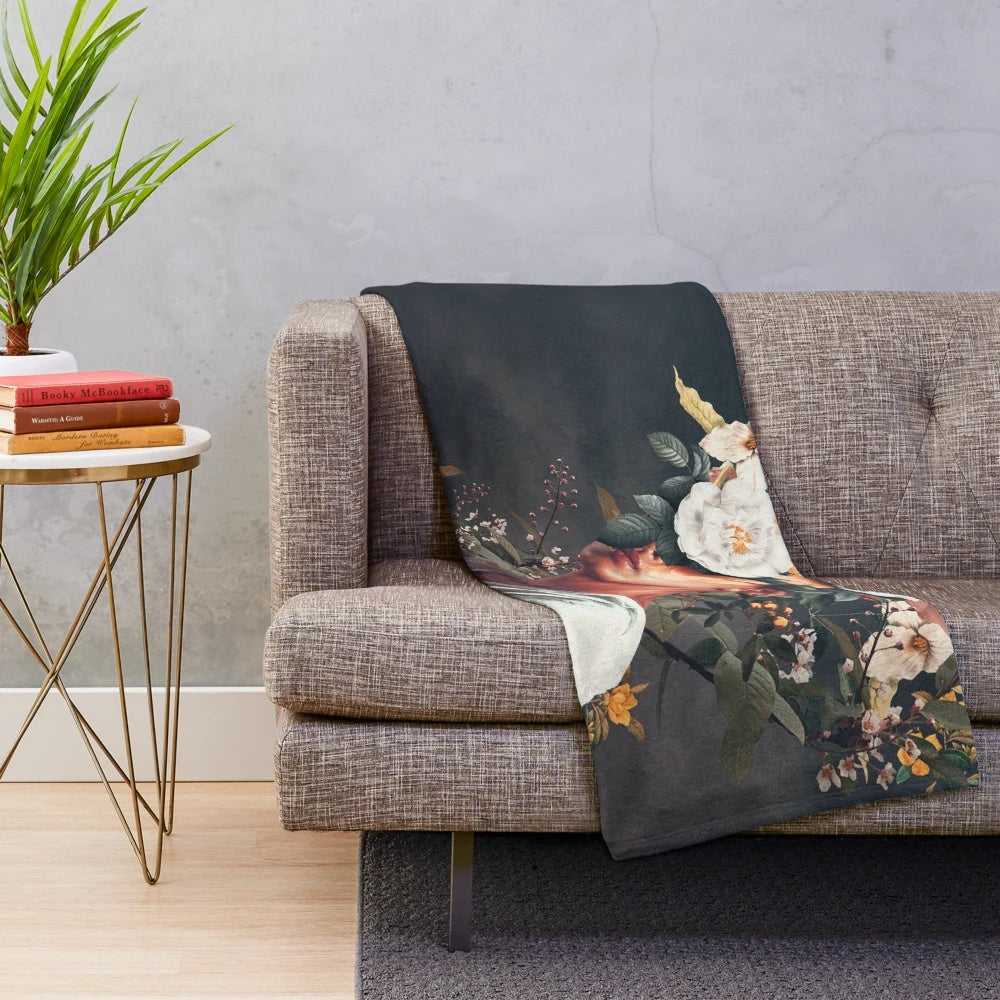 Plush blanket featuring a surreal floral portrait with vintage-inspired botanical artwork