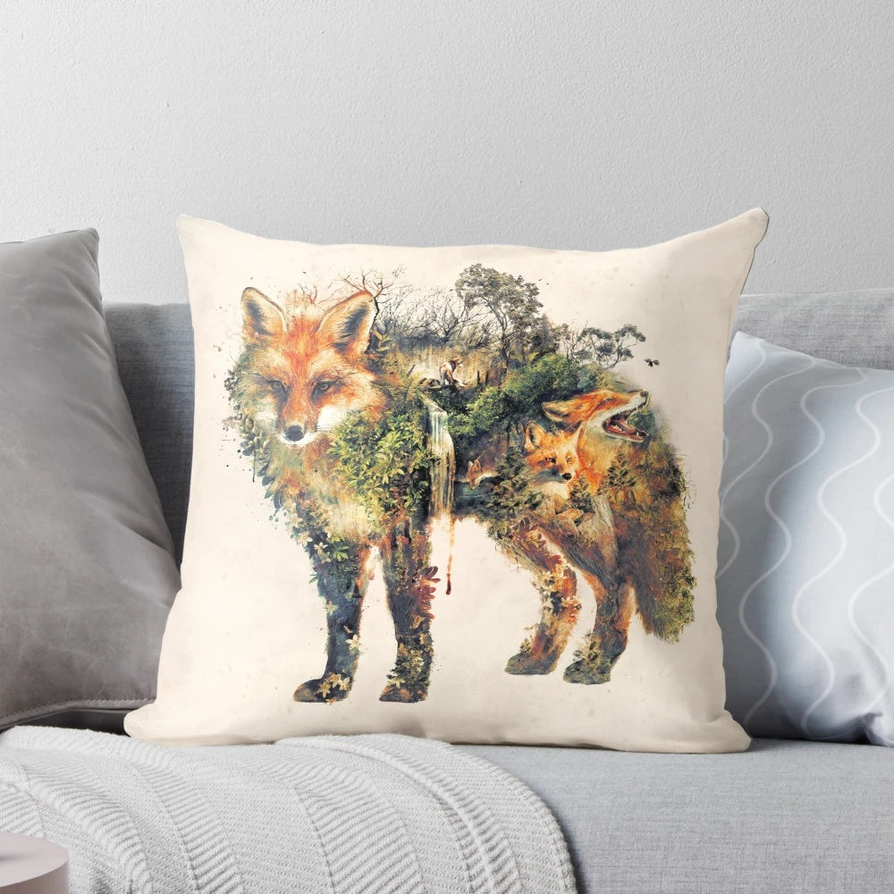 Surreal fox illustration art printed on a high-quality, plush pillow for nature-inspired home decor.