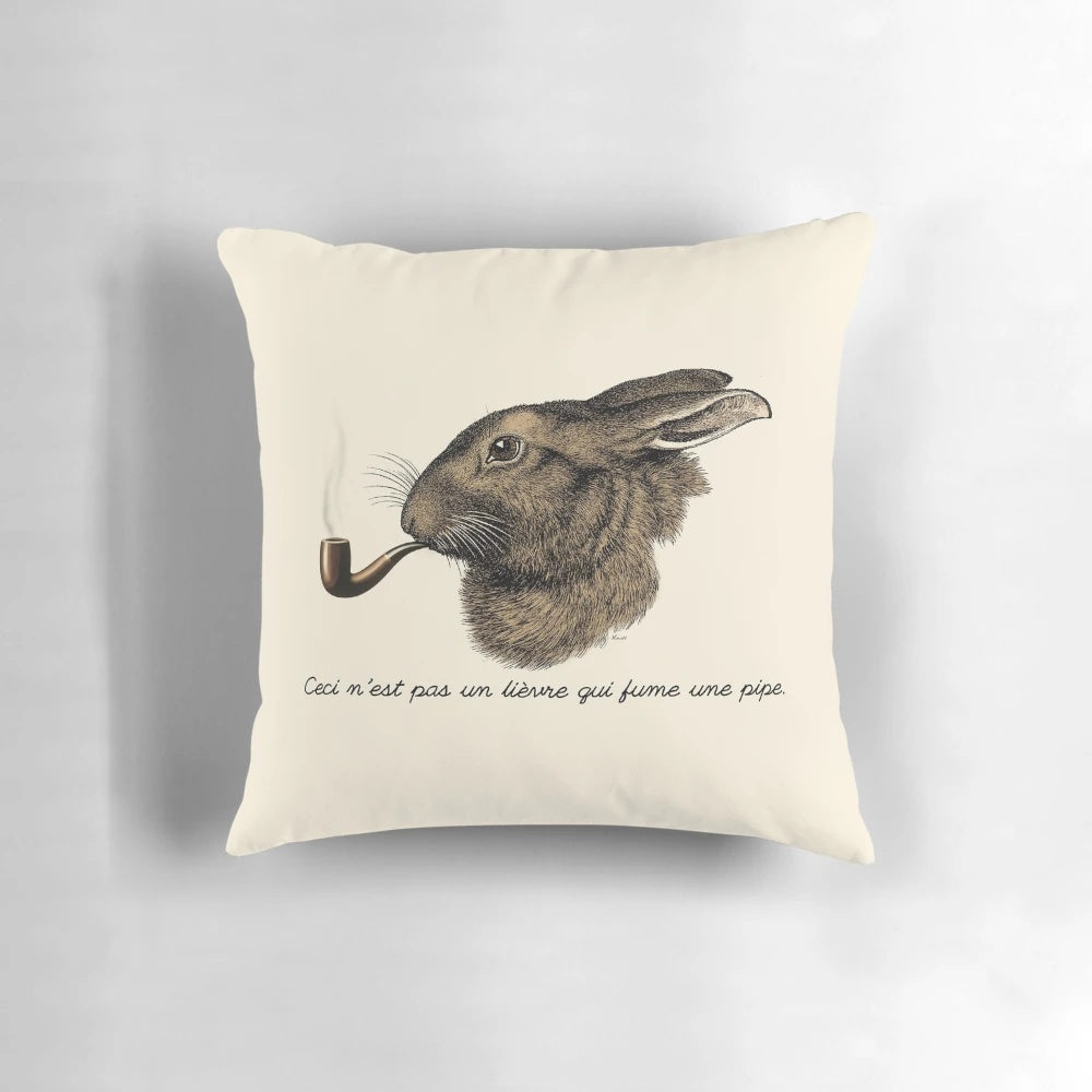 Surreal pillow featuring a hare smoking a pipe, inspired by the artwork of Magritte.