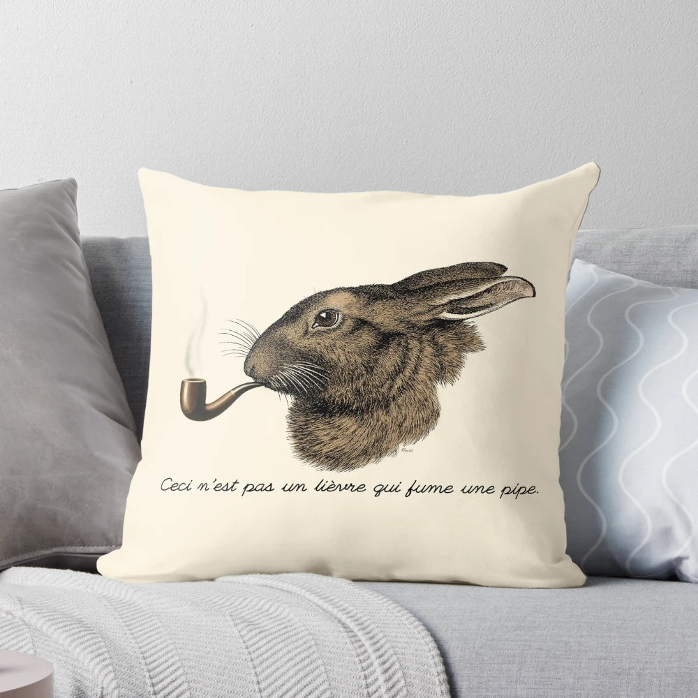 Surreal pillow featuring a hare smoking a pipe, inspired by the artwork of Magritte.
