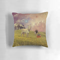 A colorful, surreal collage pillow featuring a goat in a celestial space scene with the moon, clouds, and planets.