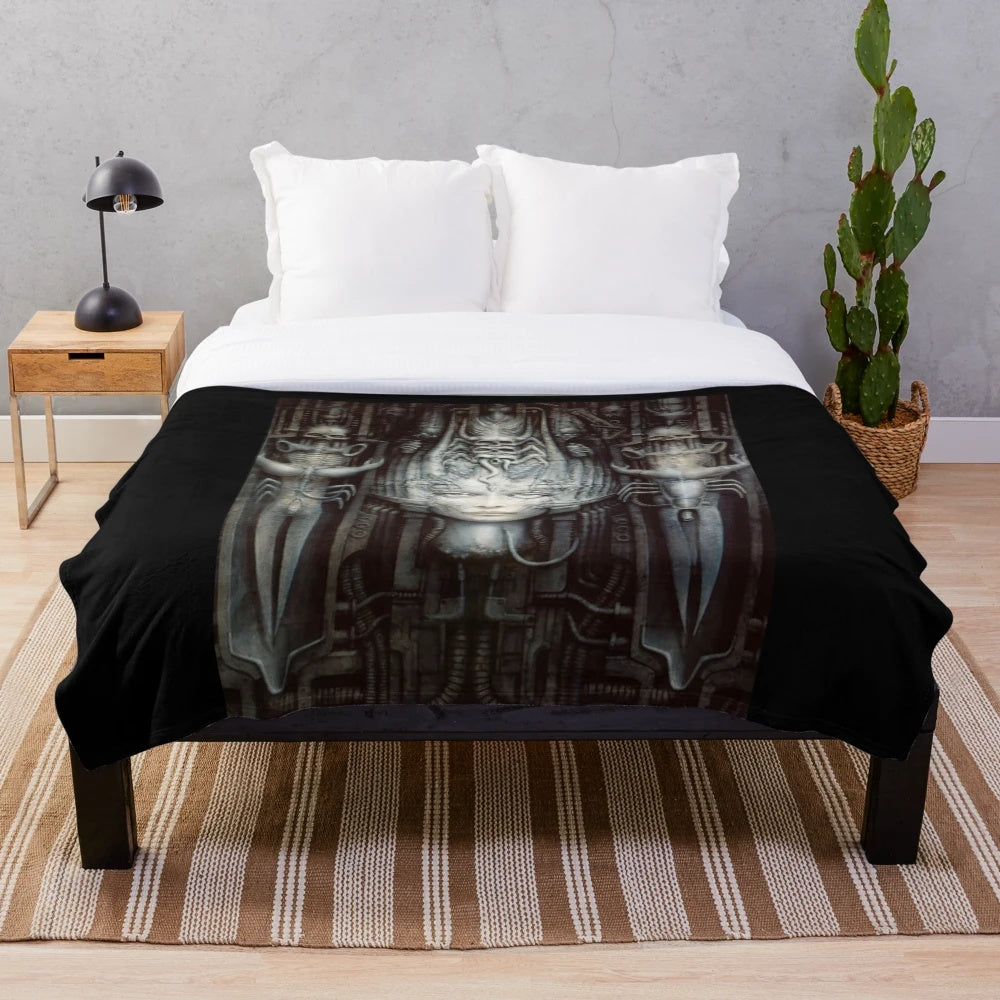 Plush blanket featuring H.R. Giger's surreal Li 1 art design