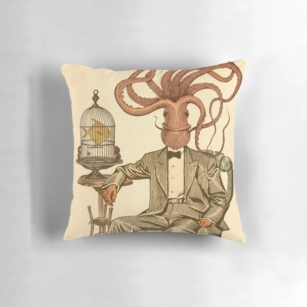 A surreal, collage-style image of a man's head with a haircut number 8, printed on a soft, plush pillow.