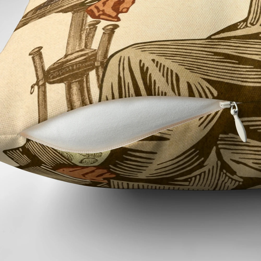 A surreal, collage-style image of a man's head with a haircut number 8, printed on a soft, plush pillow.