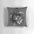 A surreal, abstract pillow depicting a house in a dreamlike, mystical landscape with mountains, stars, and a dark, nightmarish atmosphere.