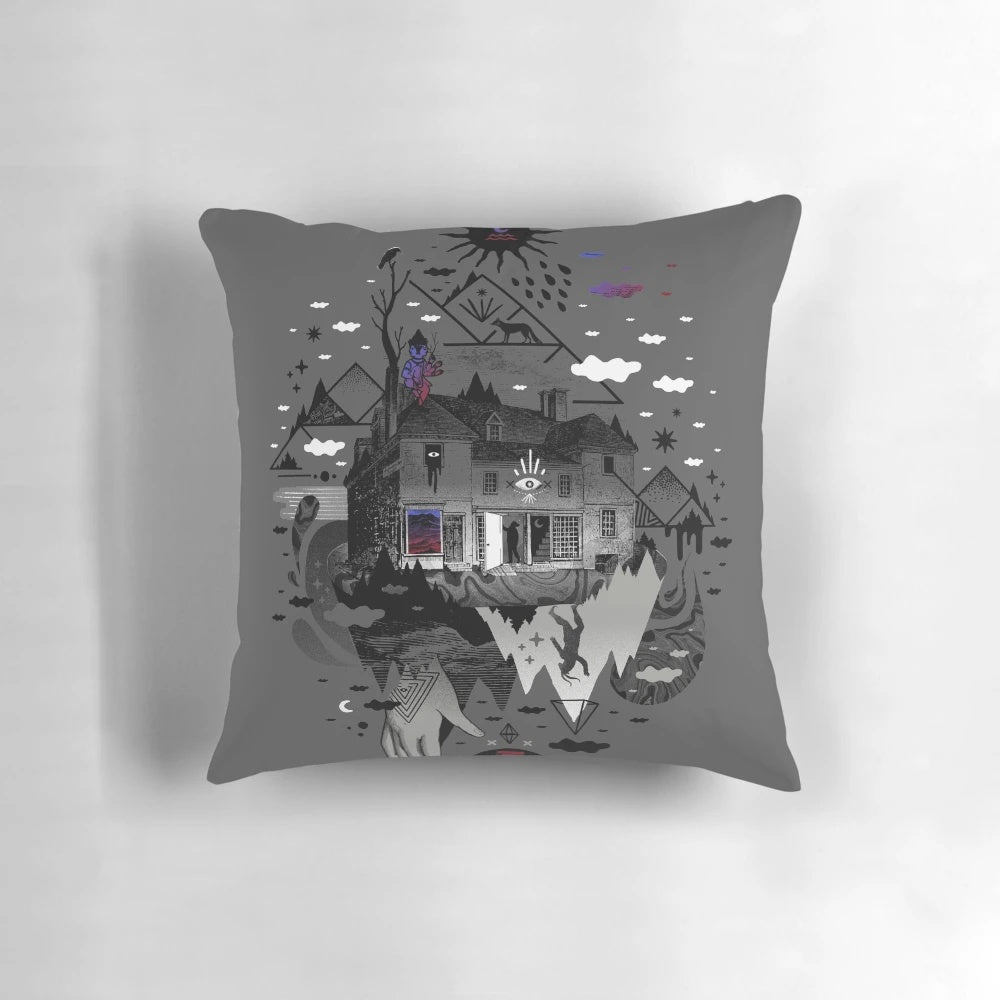 A surreal, abstract pillow depicting a house in a dreamlike, mystical landscape with mountains, stars, and a dark, nightmarish atmosphere.