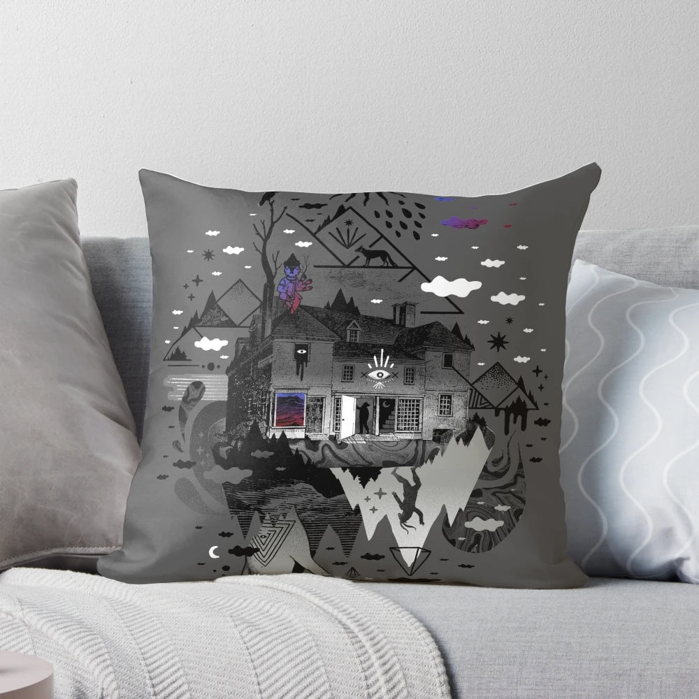 A surreal, abstract pillow depicting a house in a dreamlike, mystical landscape with mountains, stars, and a dark, nightmarish atmosphere.