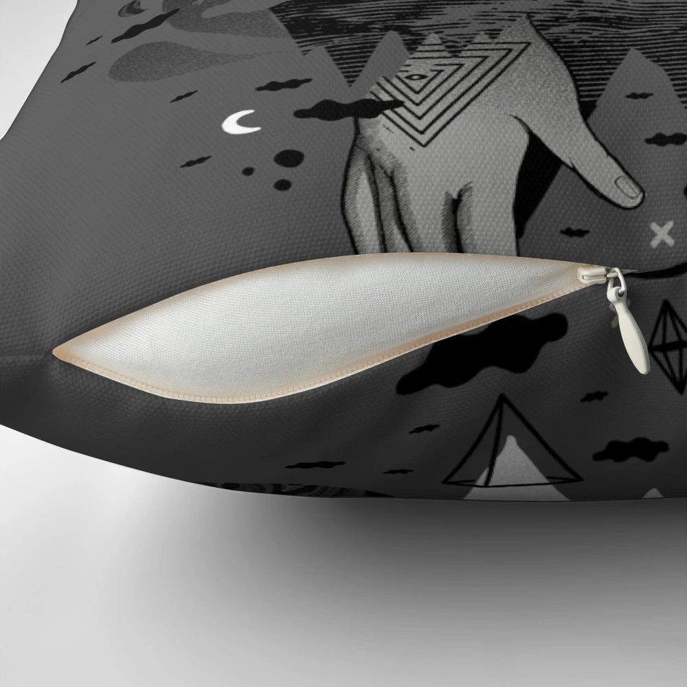 A surreal, abstract pillow depicting a house in a dreamlike, mystical landscape with mountains, stars, and a dark, nightmarish atmosphere.