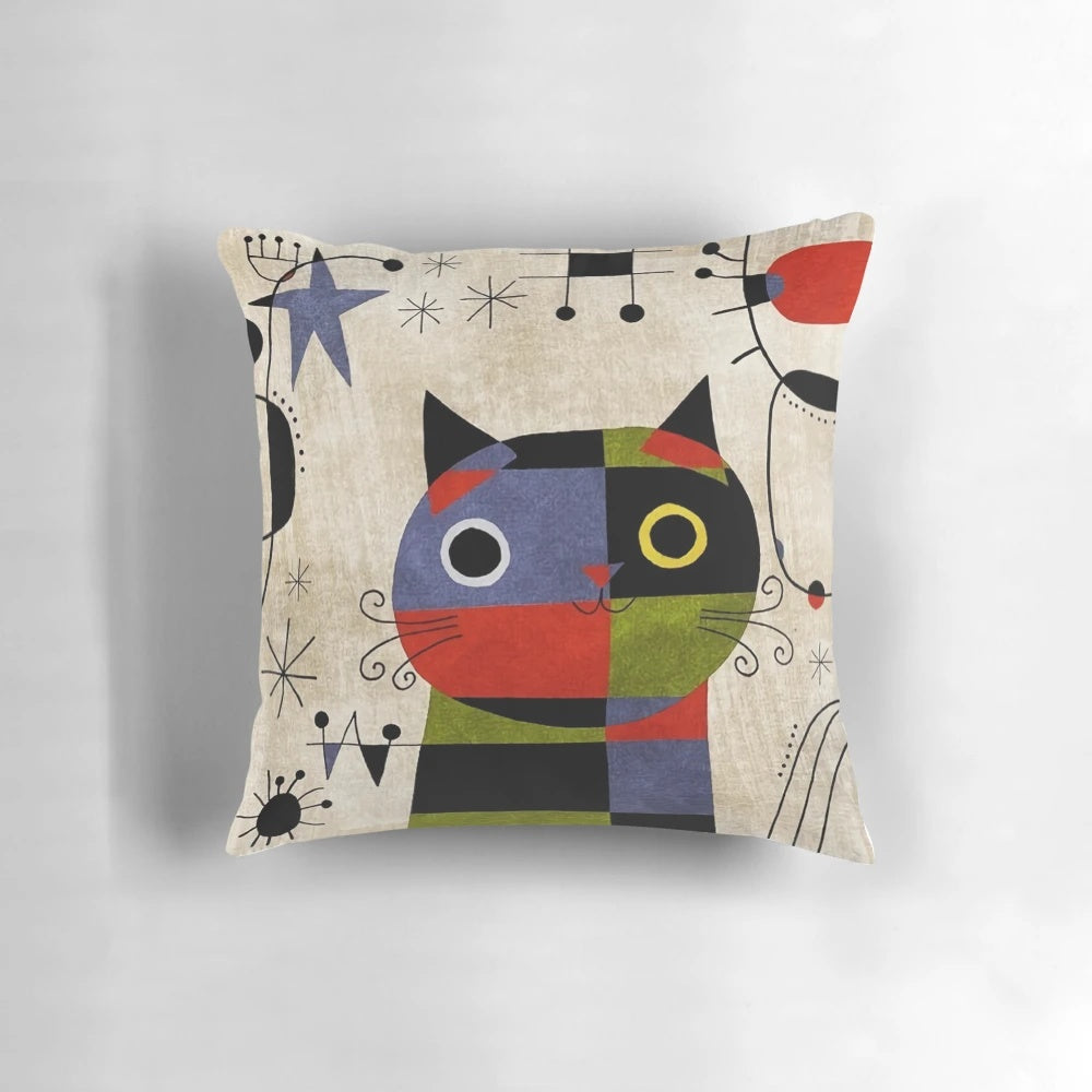 Vibrant throw pillow featuring the iconic surrealist art of Spanish artist Joan Miro