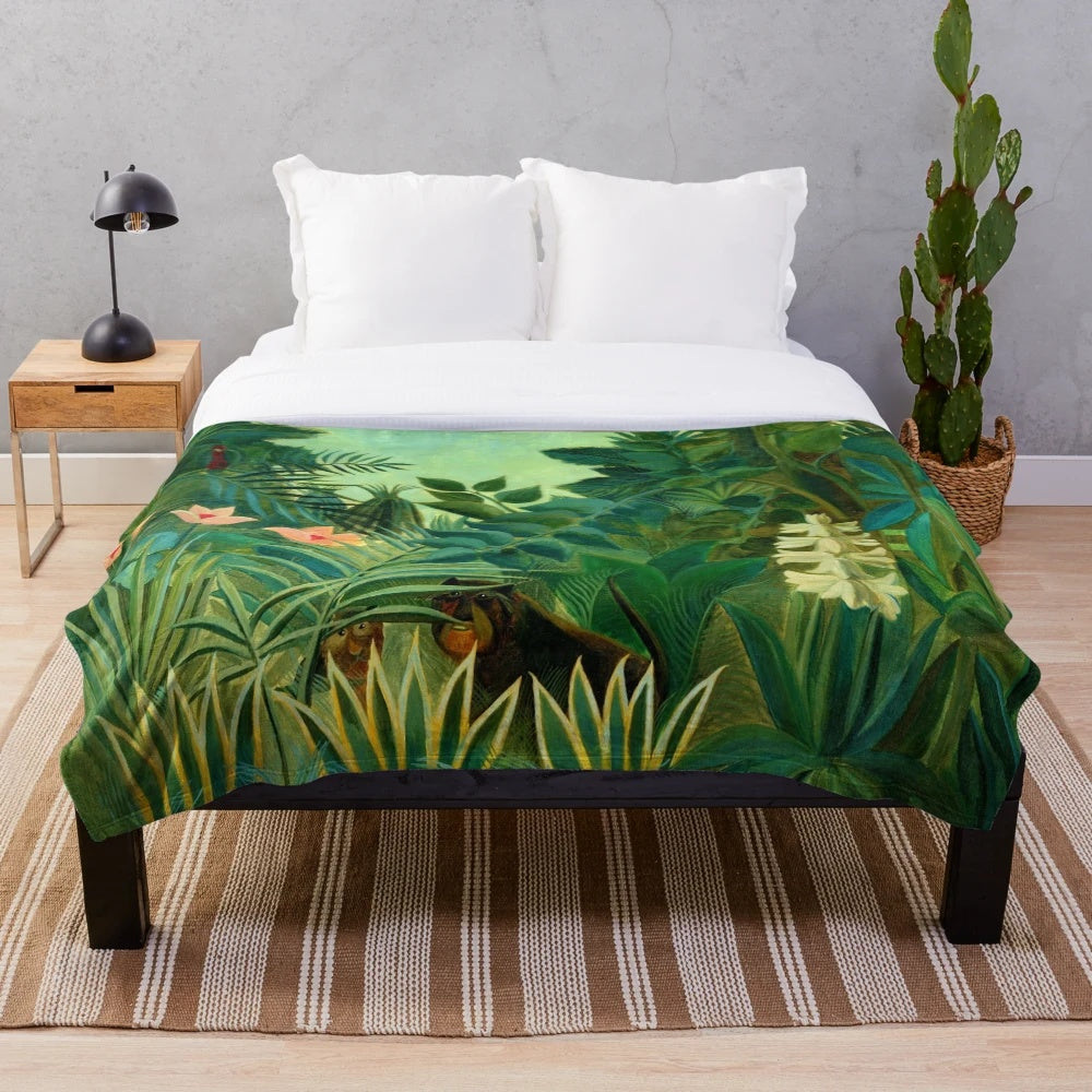 Henri Rousseau's "The Equatorial Jungle" surrealist painting depicted on a plush blanket