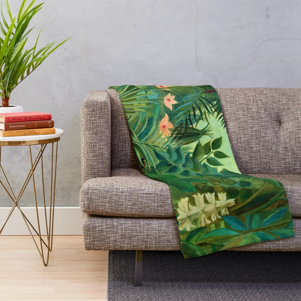 Henri Rousseau's "The Equatorial Jungle" surrealist painting depicted on a plush blanket