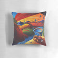 Stylized pillow design featuring a surreal landscape with a vivid bird skull, foxes, rabbits, and crows.