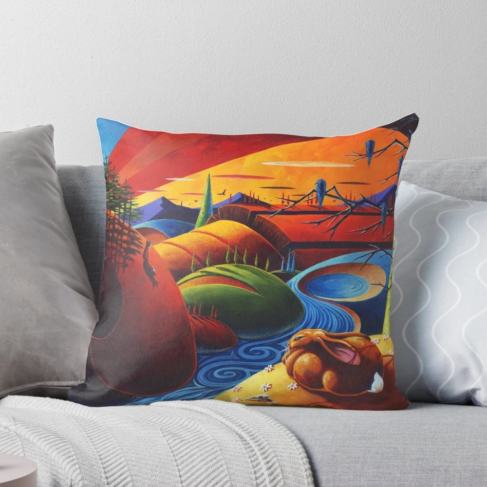 Stylized pillow design featuring a surreal landscape with a vivid bird skull, foxes, rabbits, and crows.