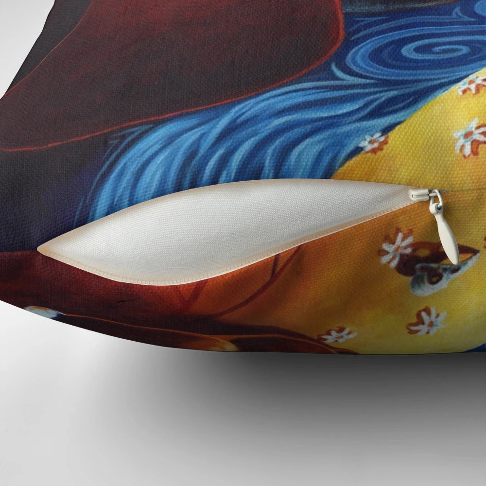 Stylized pillow design featuring a surreal landscape with a vivid bird skull, foxes, rabbits, and crows.