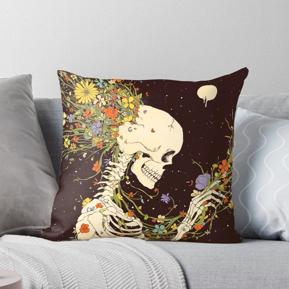 Surreal pillow with skull, flowers, and celestial elements representing the life that could have been.