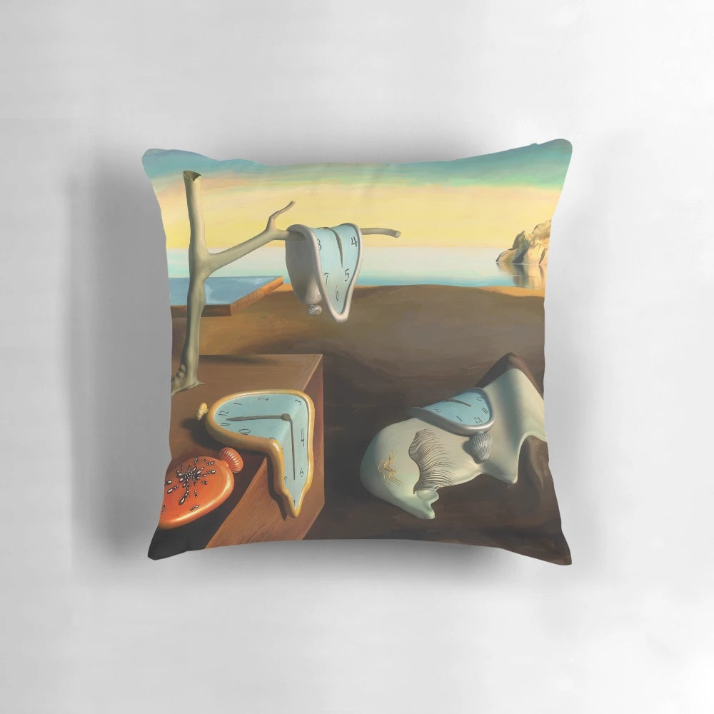 A surreal pillow featuring a dreamlike landscape with melting clocks, inspired by Salvador Dali's famous painting.