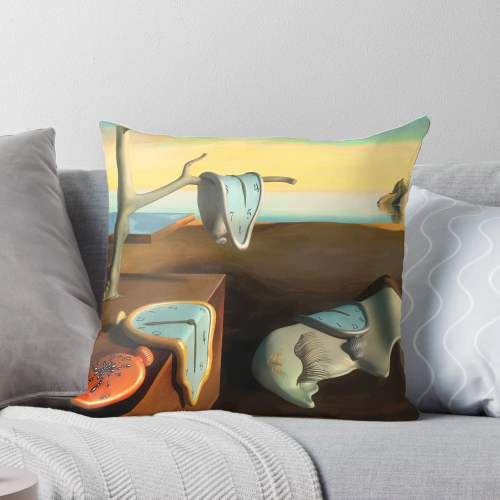 A surreal pillow featuring a dreamlike landscape with melting clocks, inspired by Salvador Dali's famous painting.