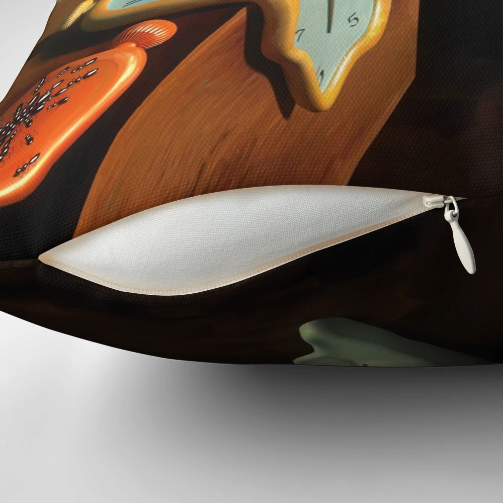 A surreal pillow featuring a dreamlike landscape with melting clocks, inspired by Salvador Dali's famous painting.