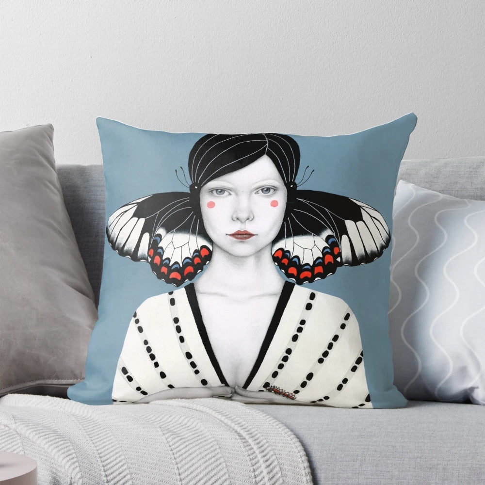 Mila Pillow with surreal, fantasy design featuring a woman's portrait with butterfly wings