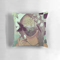 A surreal, faceless portrait pillow with floral and nature elements, inspired by the art of Dali and Mucha.
