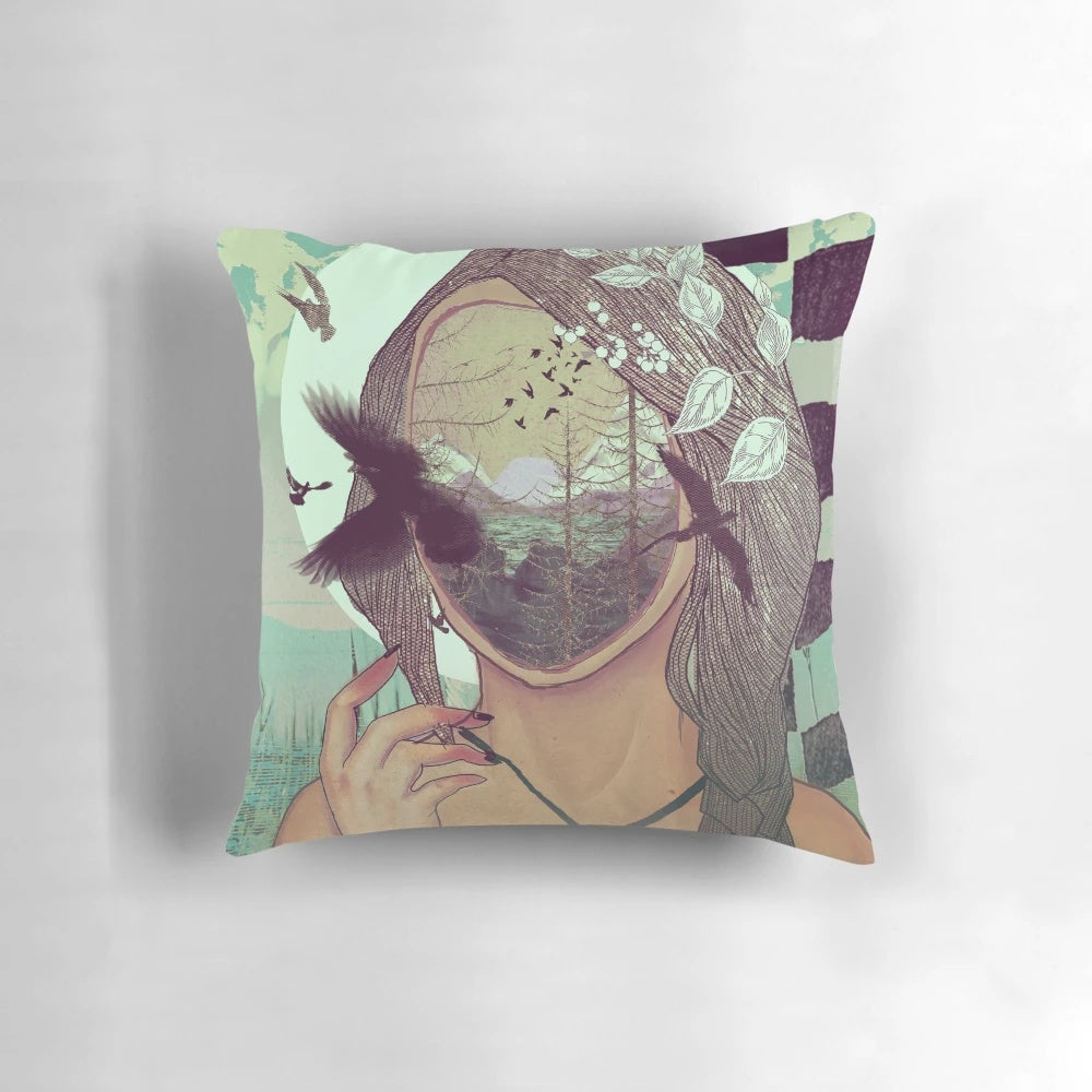 A surreal, faceless portrait pillow with floral and nature elements, inspired by the art of Dali and Mucha.