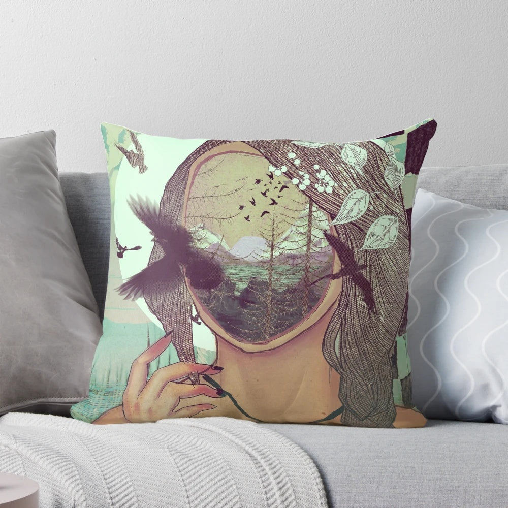 A surreal, faceless portrait pillow with floral and nature elements, inspired by the art of Dali and Mucha.