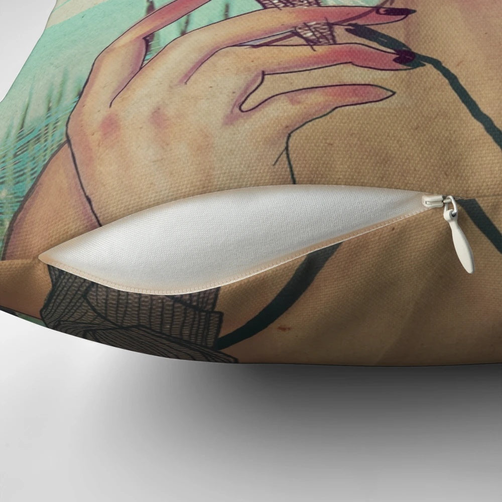A surreal, faceless portrait pillow with floral and nature elements, inspired by the art of Dali and Mucha.