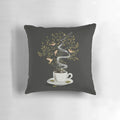 Surreal nature-inspired pillow with a coffee cup and dreaming birds
