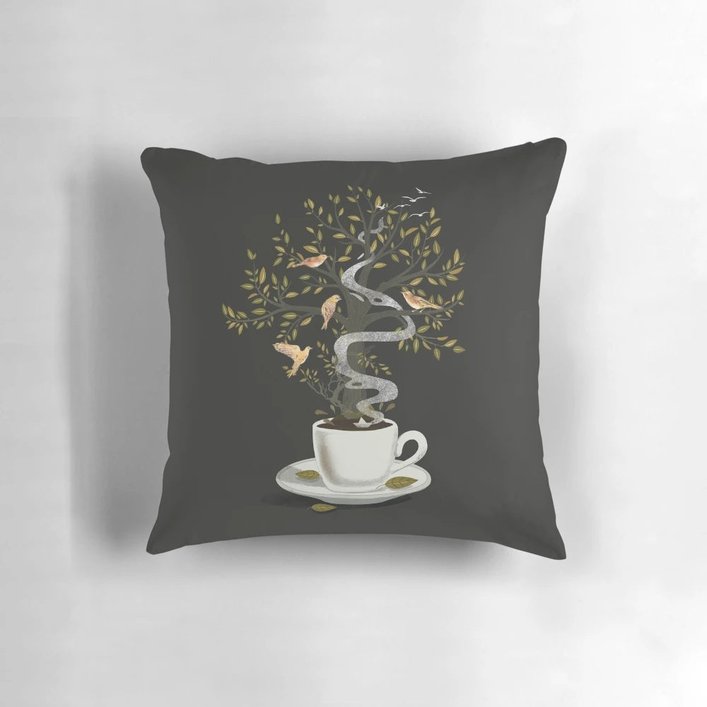 Surreal nature-inspired pillow with a coffee cup and dreaming birds