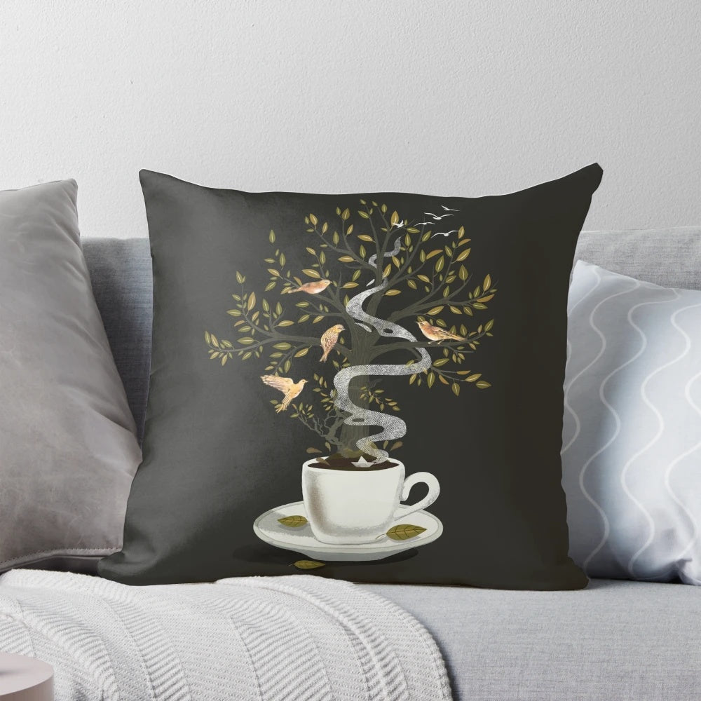 Surreal nature-inspired pillow with a coffee cup and dreaming birds