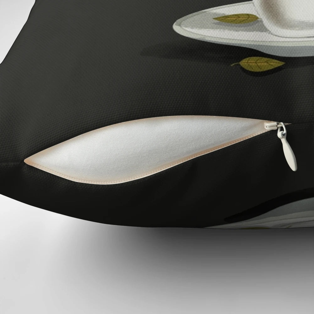 Surreal nature-inspired pillow with a coffee cup and dreaming birds