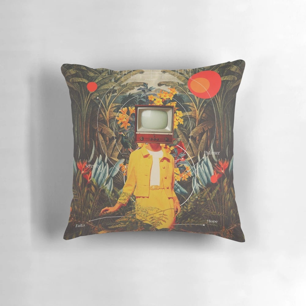 Surreal digital collage featuring a woman in a nature-inspired, botanical setting with a vintage, retro style.