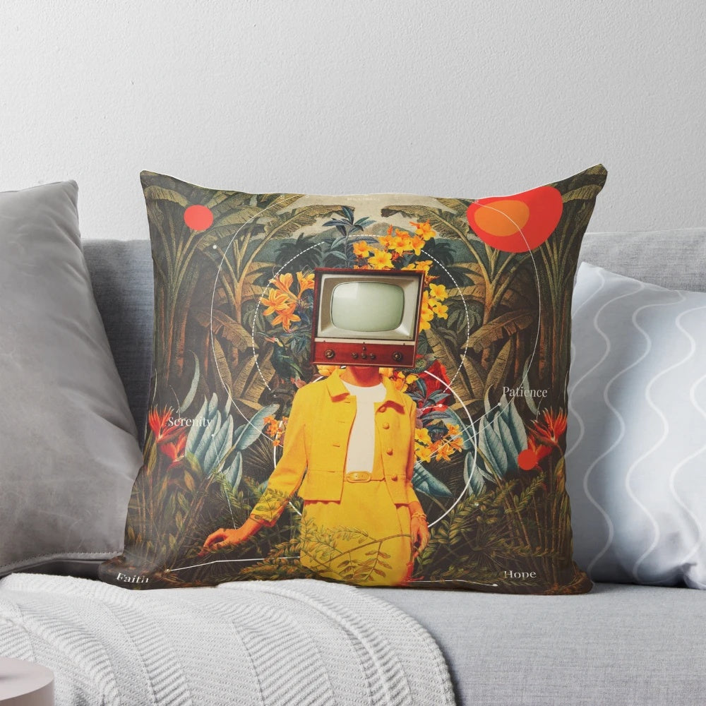Surreal digital collage featuring a woman in a nature-inspired, botanical setting with a vintage, retro style.