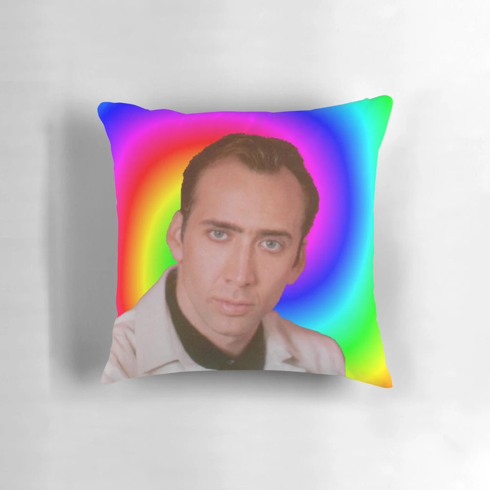Unique Nicolas Cage-inspired mind pillow with a trippy, surreal design