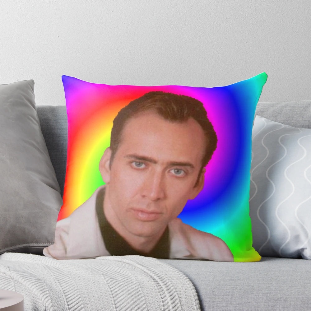Unique Nicolas Cage-inspired mind pillow with a trippy, surreal design