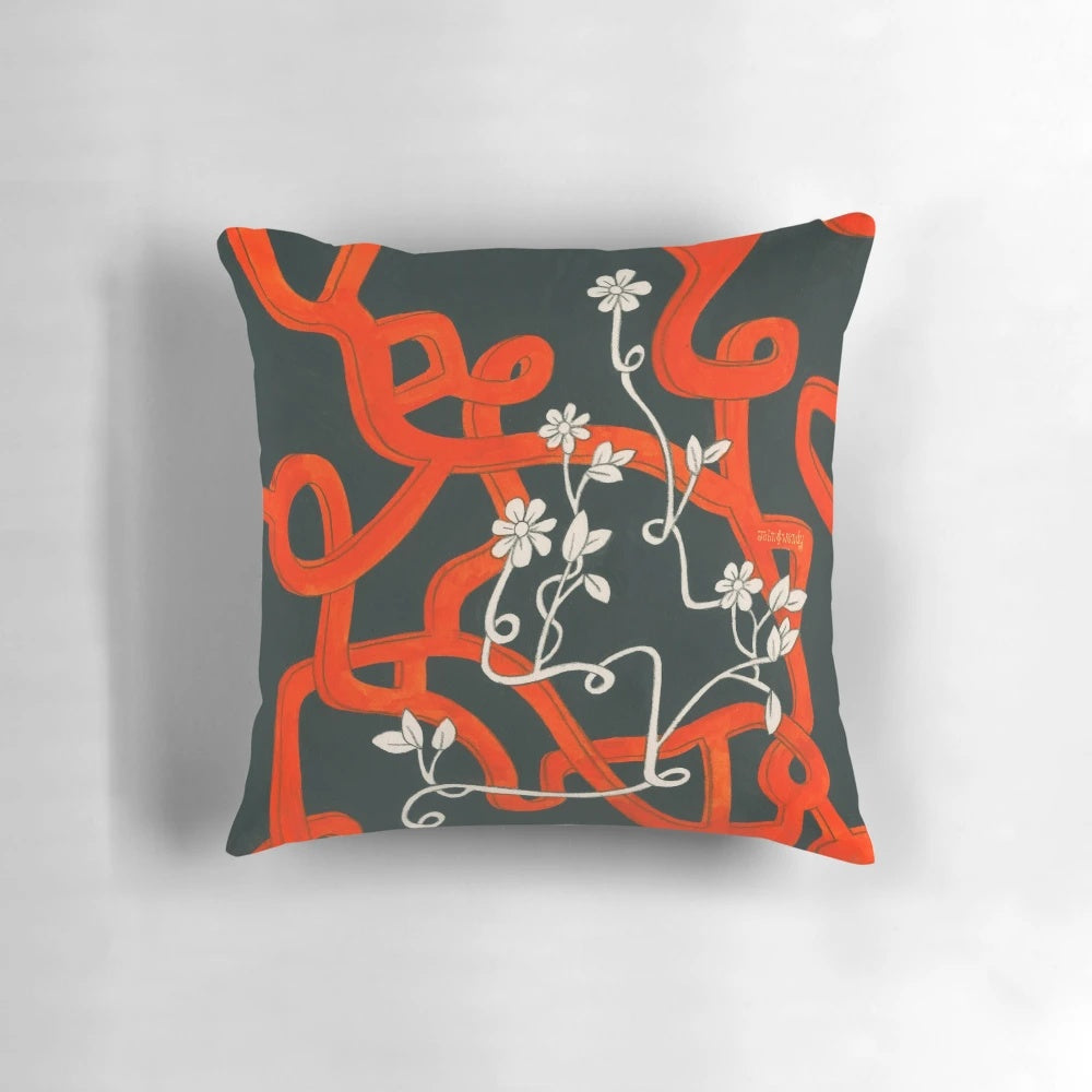 Surreal night garden pillow with abstract floral and train design