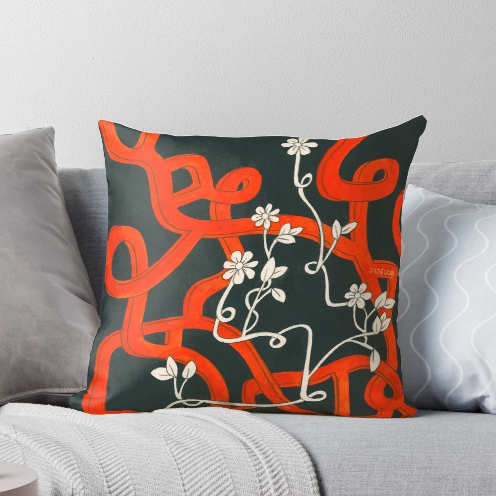 Surreal night garden pillow with abstract floral and train design