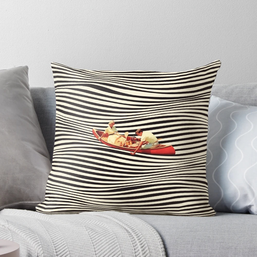 A surreal, optical illusion-style collage pillow design featuring a retro boat or canoe.