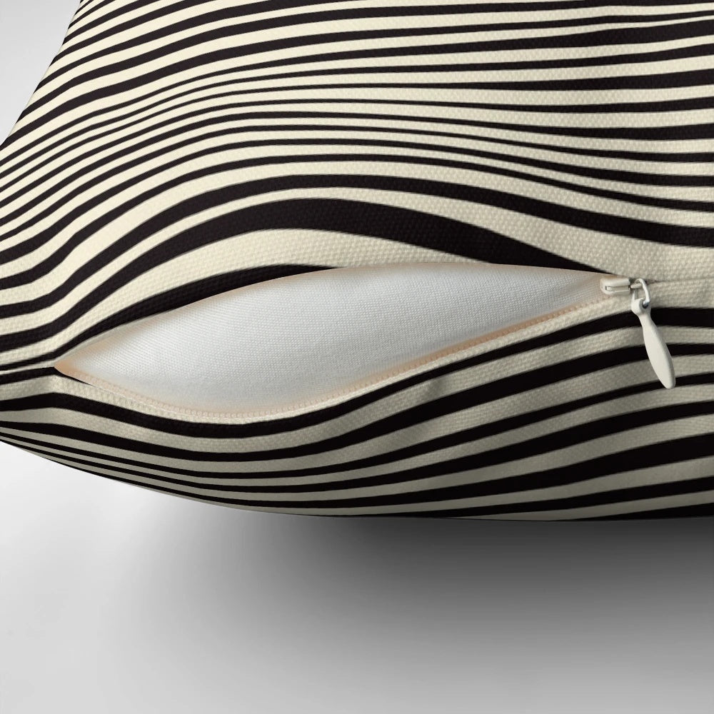 A surreal, optical illusion-style collage pillow design featuring a retro boat or canoe.