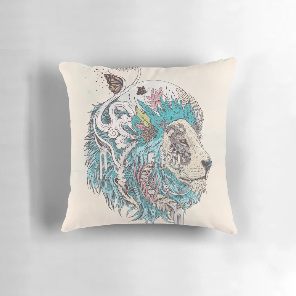 A surreal, organic ink dream pillow featuring a blue design with a cat or lion-like animal.