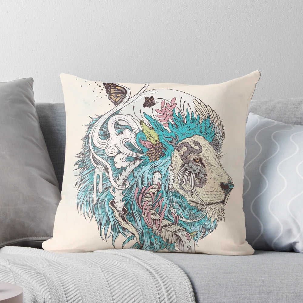 A surreal, organic ink dream pillow featuring a blue design with a cat or lion-like animal.