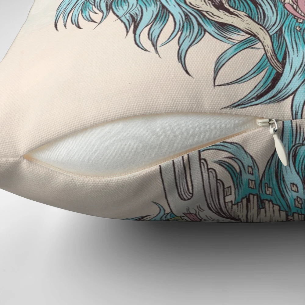A surreal, organic ink dream pillow featuring a blue design with a cat or lion-like animal.