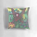 Colorful, abstract image of a lady's face surrounded by whimsical plant life on a decorative throw pillow.