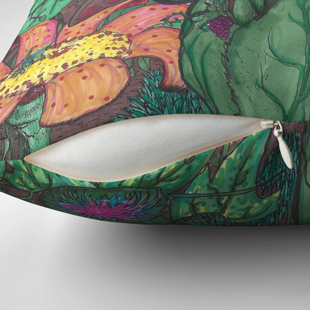 Colorful, abstract image of a lady's face surrounded by whimsical plant life on a decorative throw pillow.