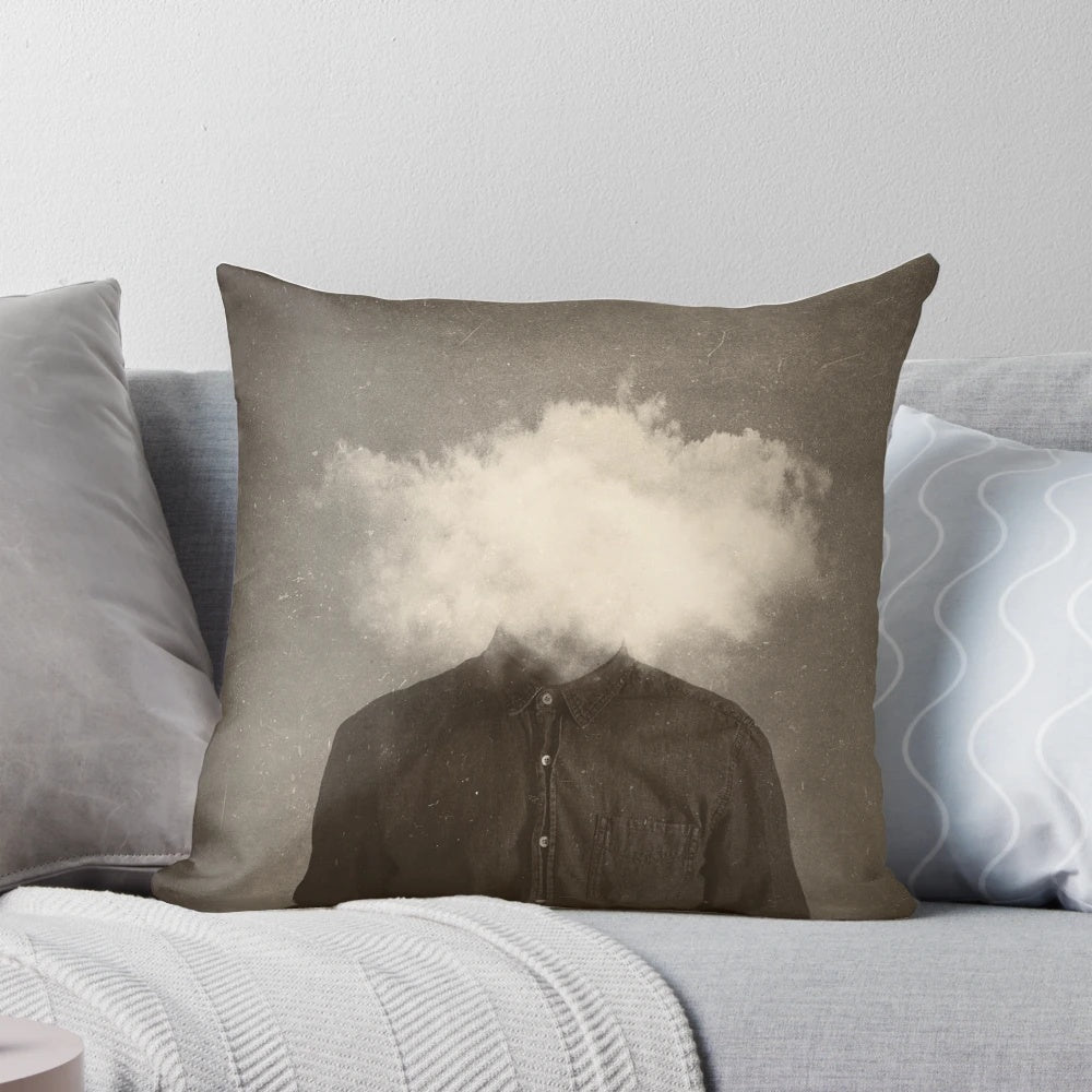 Surreal, abstract pillow featuring a headless figure in a foggy, smoke-filled environment