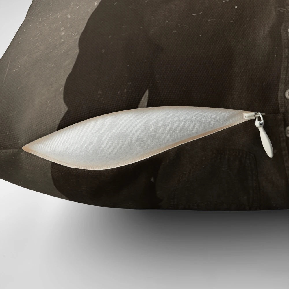 Surreal, abstract pillow featuring a headless figure in a foggy, smoke-filled environment